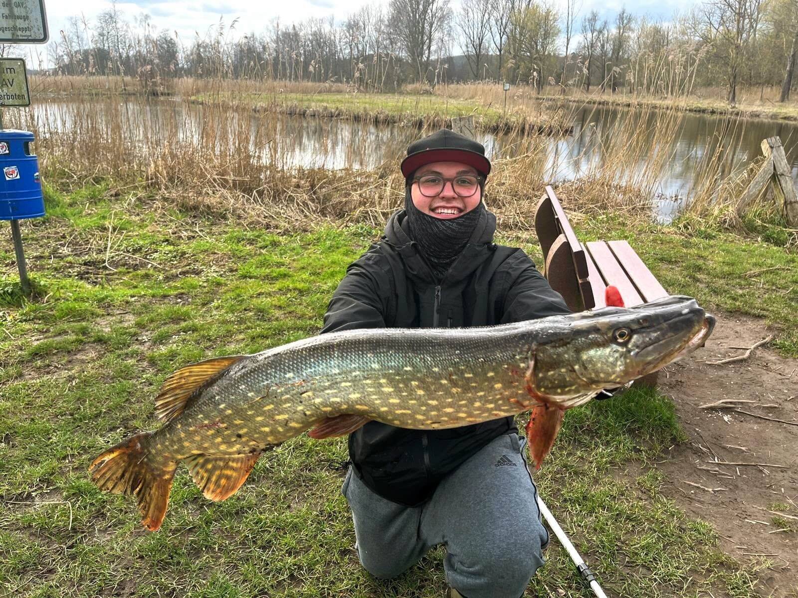 angler-haelt-grossen-hecht-in-die-kamera-sitzbank-und-teich-im-hintergrund-wiese-und-schilf-am-ufer-fruehling