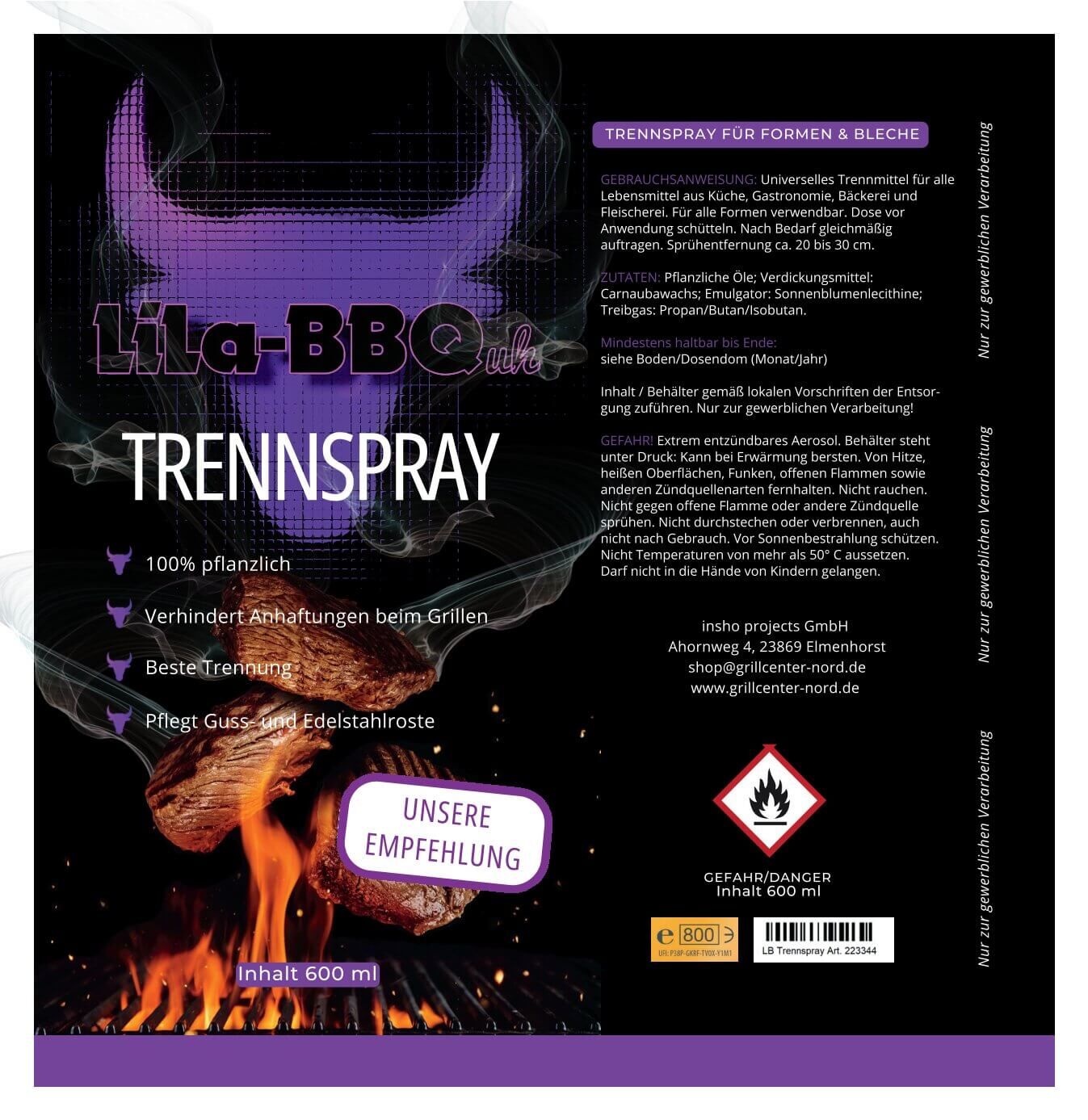 Lila BBQuh Trennspray Grill | rein pflanzliches Gusseisen Pflegespray 600 ml