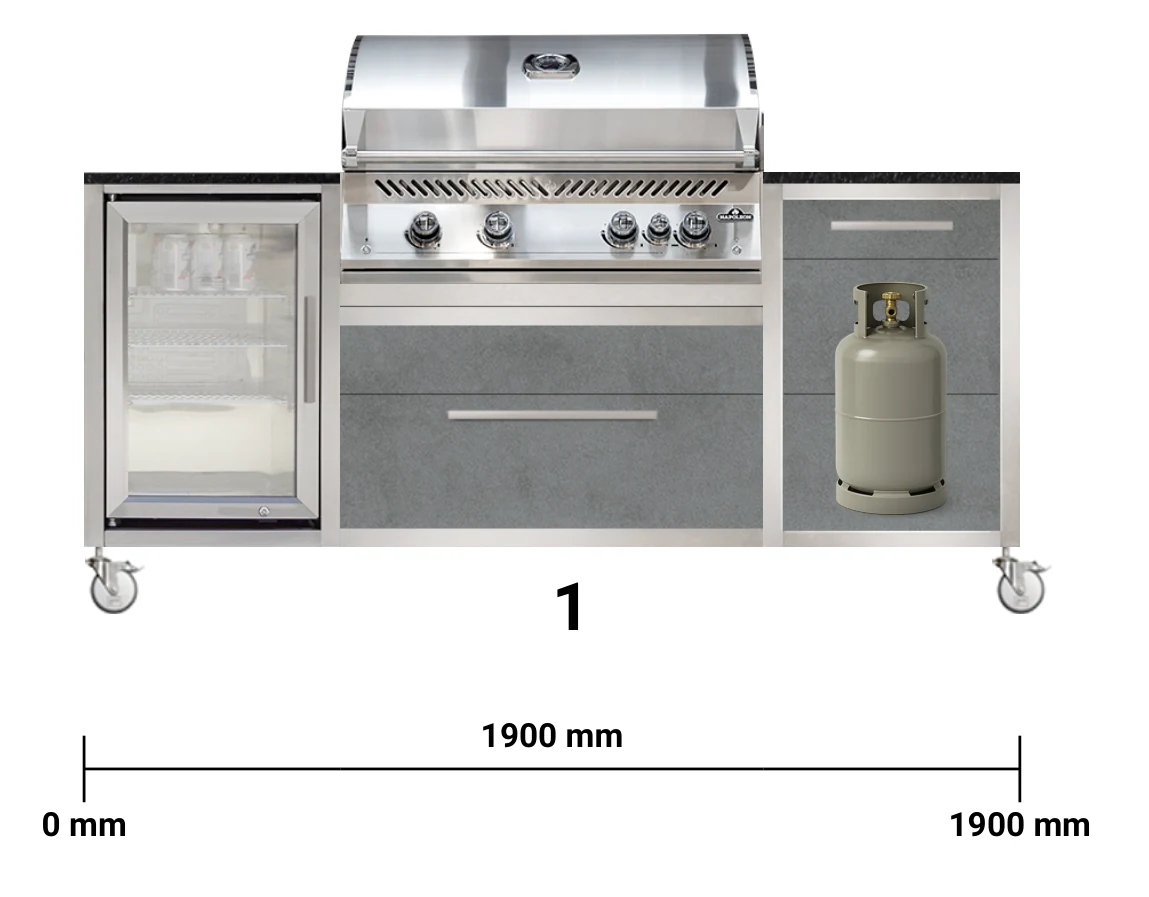 BURN BBQ Block 1,90 m in Smoke mit Napoleon BIG 32 und Caso BBQ-Cooler (Konfigurationscode 2XJ3HM), Frontansicht mit Maßen