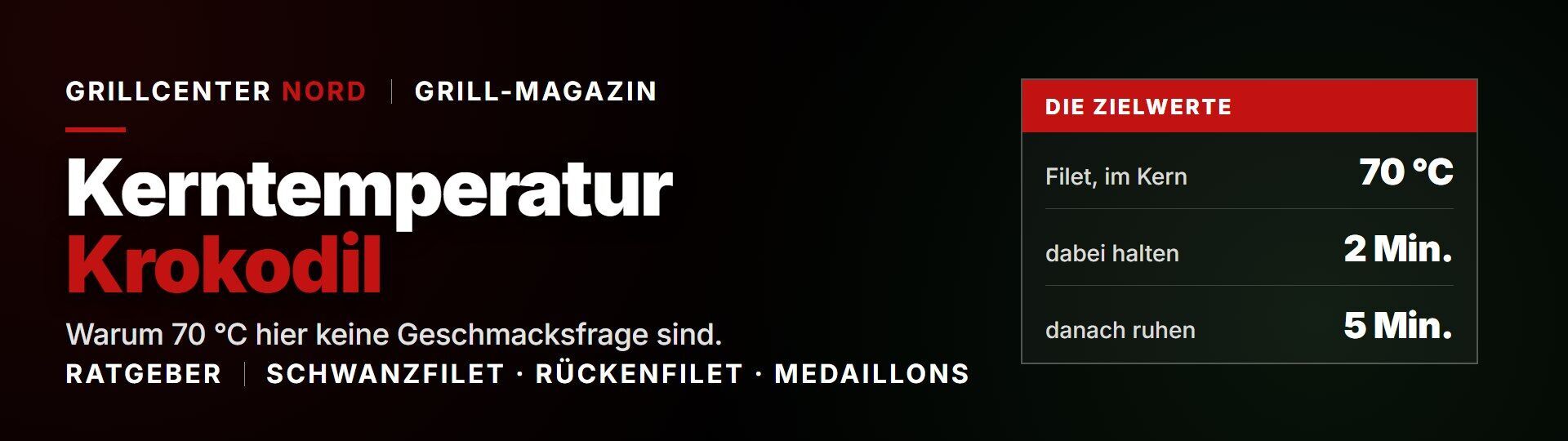Kerntemperatur Krokodil: So grillst Du das Exotenfilet fürs BBQ Titelbild zum Ratgeber Kerntemperatur Krokodil mit den Zielwerten 70 Grad Celsius, zwei Minuten halten und fuenf Minuten ruhen