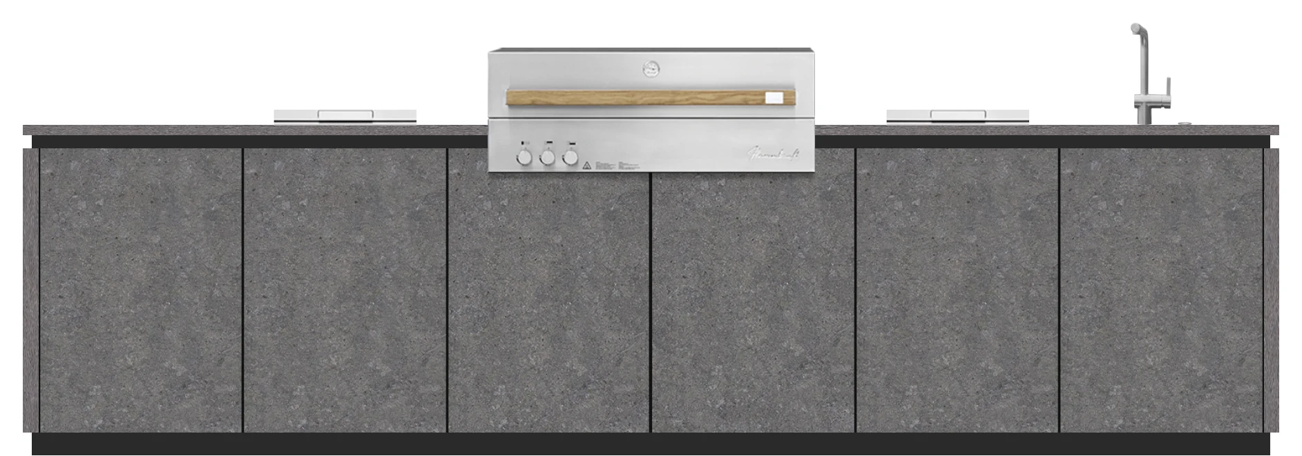 BURN SOL Outdoorküche 3,69 m in Dekton Grafite mit Flammkraft Block D, zwei BeefEater Seitenbrennern und Spüle (Konfigurationscode MWER25), Frontansicht