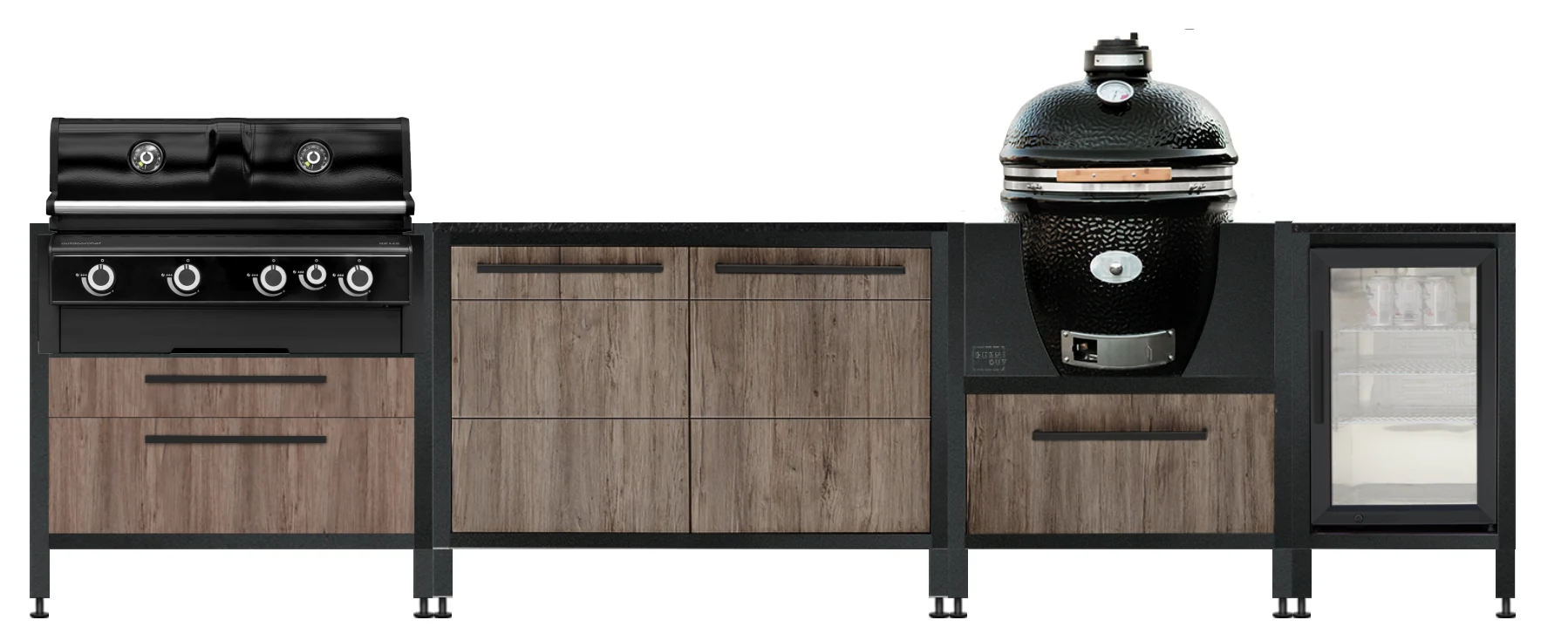 BURN BBQ Outdoorküche 3,46 m in Dark Oak mit outdoorchef HEAT X-415 und Monolith (Konfigurationscode TM5X3S), Frontansicht