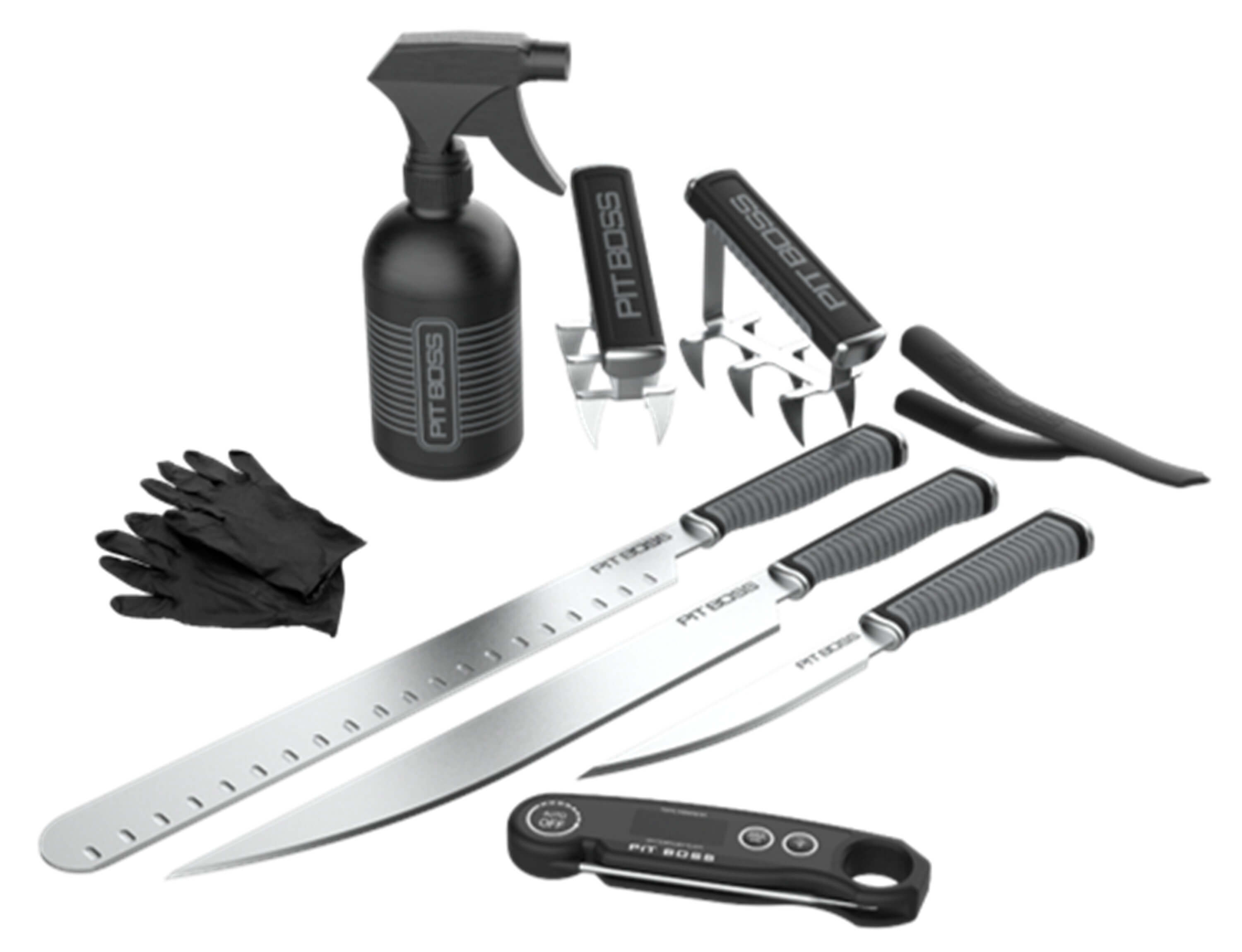 Pit Boss BBQ Pit Kit – Grill Set mit Fleischkrallen, Thermometer, Tranchiermesser & Sprühflasche Pit Boss BBQ Pit Kit – Grill Set mit Fleischkrallen, Thermometer, Tranchiermesser & Sprühflasche