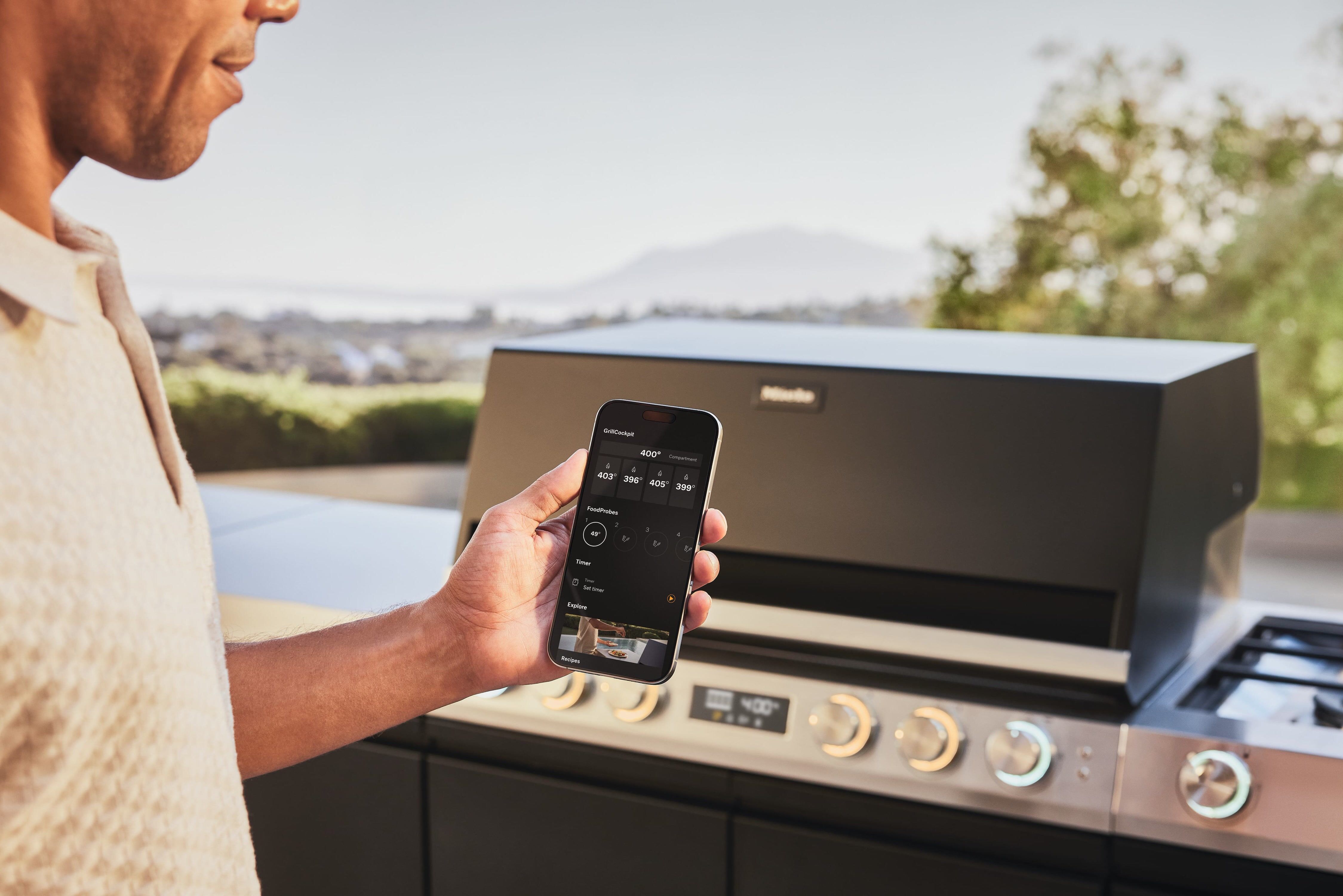 Miele App GrillCockpit zeigt die Kerntemperatur der FoodProbe Speisenthermometer am Gasgrill