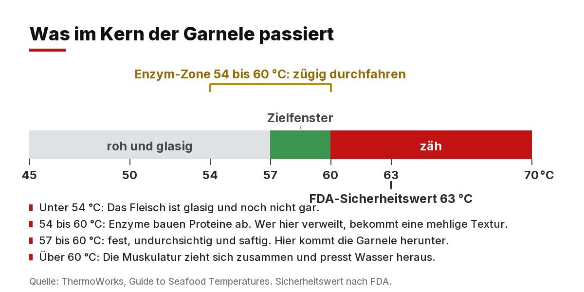Temperaturskala Garnele mit Enzym-Zone 54 bis 60 Grad, Zielfenster 57 bis 60 Grad und FDA-Wert 63 Grad