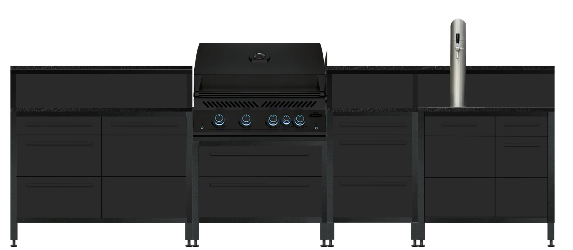 BURN BBQ Outdoorküche KD43SE in Shadow mit Napoleon BIG 32, Teppanyaki und Zapfanlage, Frontansicht
