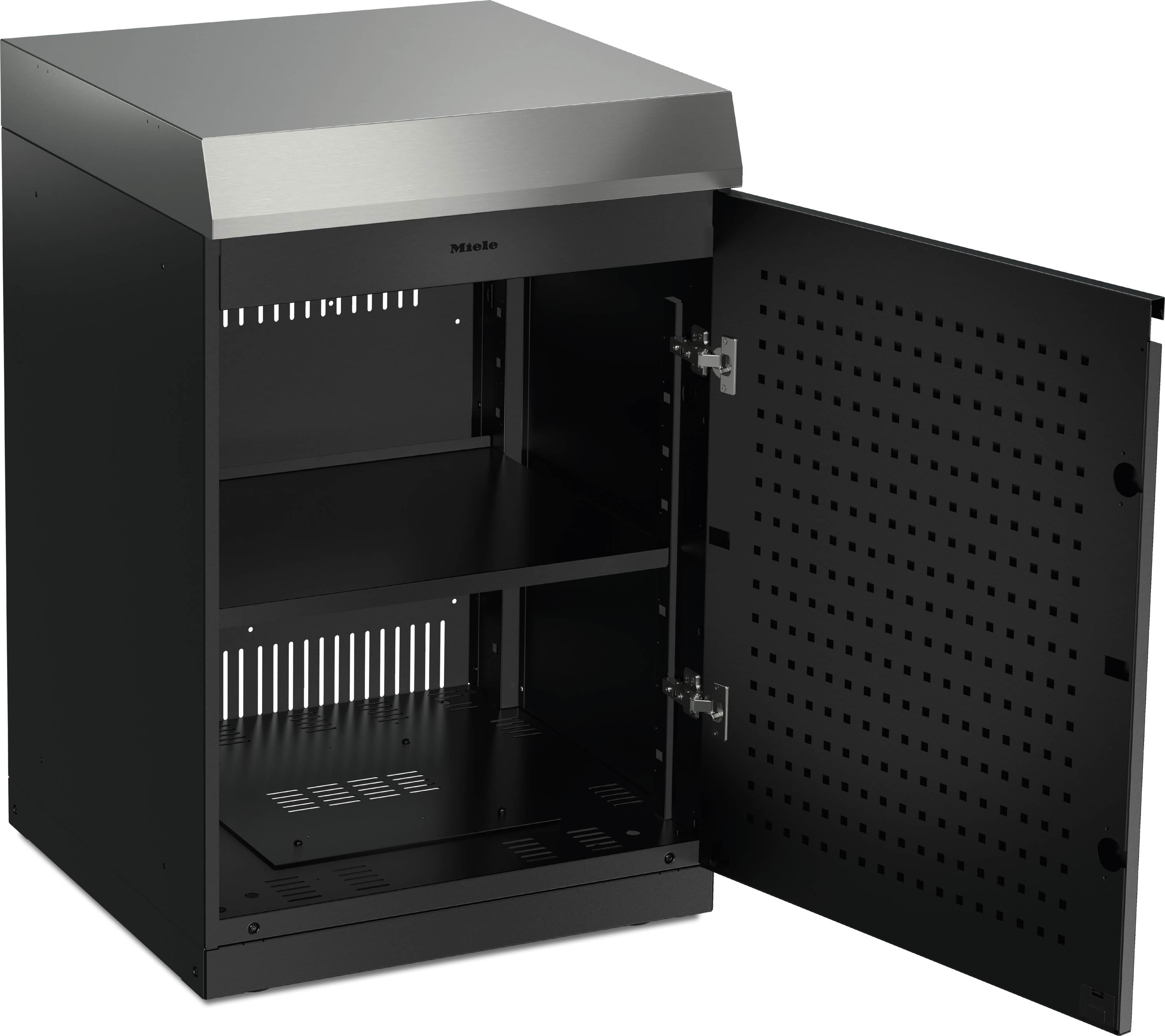 Miele Dreams – Store M Stauraummodul mit verstellbarem Einlegeboden und Edelstahl-Arbeitsfläche für die Outdoor-Küche