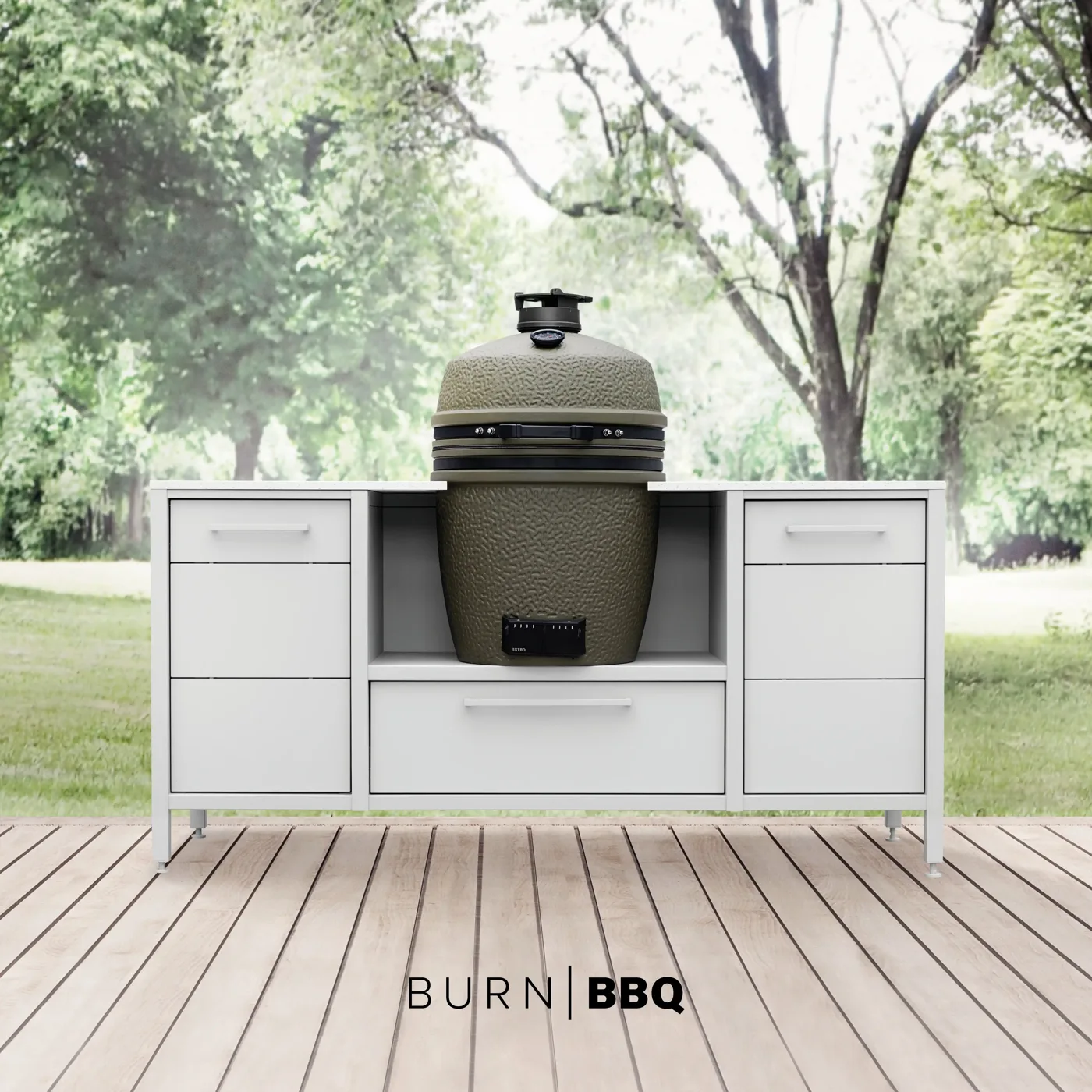 Kamado-Grill eingebaut in ein Modul einer weißen BURN BBQ Outdoorküche