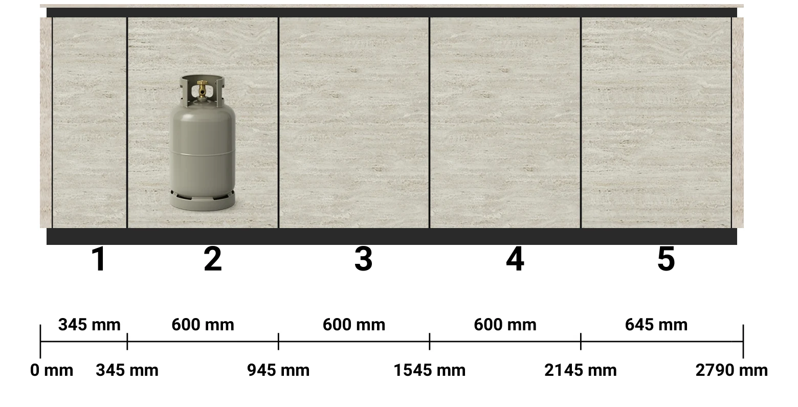 BURN SOL Outdoorküche 2,79 m in Dekton Marmorio mit pitt cooking Capital (Konfigurationscode DM74VW), Frontansicht mit Maßen