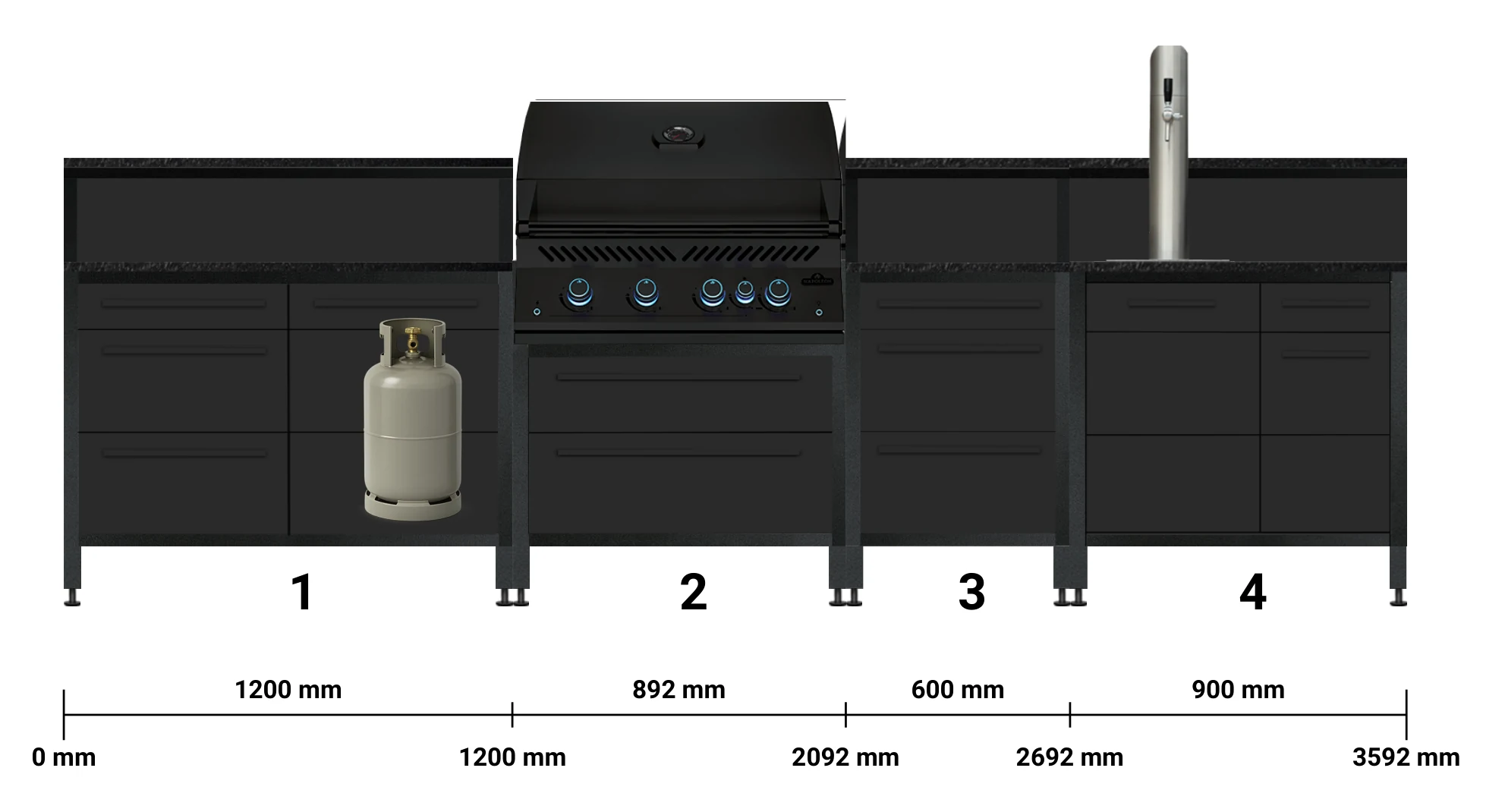 BURN BBQ Outdoorküche KD43SE in Shadow mit Napoleon BIG 32, Teppanyaki und Zapfanlage, Frontansicht mit Maßen