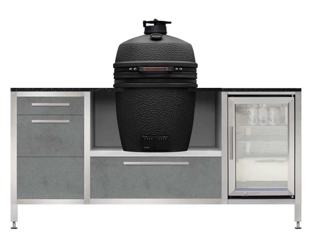 BURN BBQ Block 1,90 m in Smoke mit The Bastard VX Large und Caso BBQ-Cooler (Konfigurationscode 3LN2IM), Frontansicht