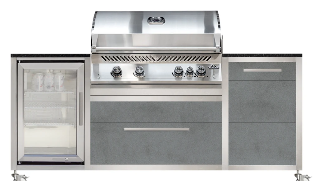 BURN BBQ Block 1,90 m in Smoke mit Napoleon BIG 32 und Caso BBQ-Cooler (Konfigurationscode 2XJ3HM), Frontansicht