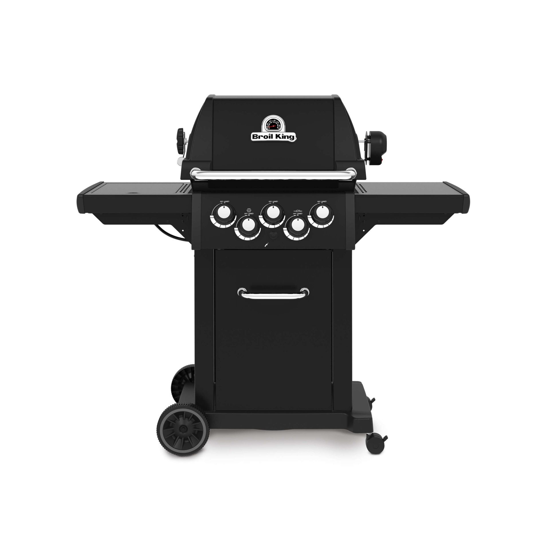 Broil King Royal 390 Shadow inkl. Drehspieß in der Frontalansicht, mattschwarzes Gehäuse mit ausgeklappten Seitenablagen